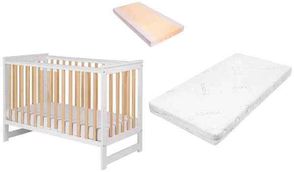 YOONCO - łóżeczko drewniane Iwi z barierką + materac Air | Białe-Buk