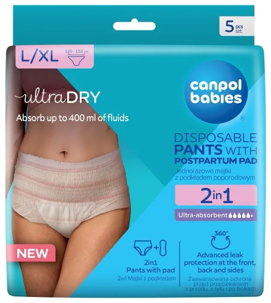 CANPOL BABIES - ultrachłonne jednorazowe majtki poporodowe 2w1 z podkładem 5 szt. | L/XL