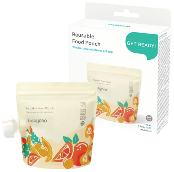 BABYONO - wielorazowe saszetki na mus, kaszkę, deserek | 5 szt.