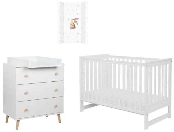 YOONCO - łóżeczko Iwi + komoda + przewijak miękki Króliczek | Białe