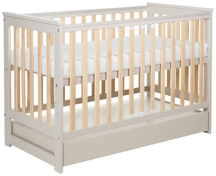 YOONCO - łóżeczko drewniane Iwi z szufladą i barierką + materac Air | Beż-Buk