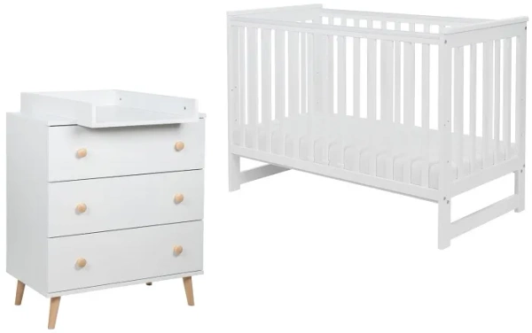 YOONCO - łóżeczko Iwi + komoda + przewijak miękki Sarenka | Białe