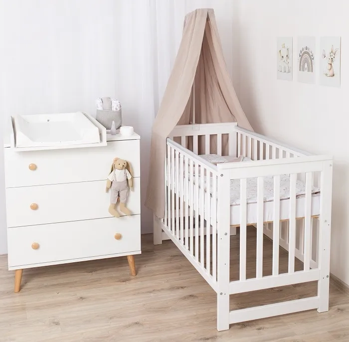 YOONCO - łóżeczko Iwi + komoda + przewijak miękki Króliczek | Beż