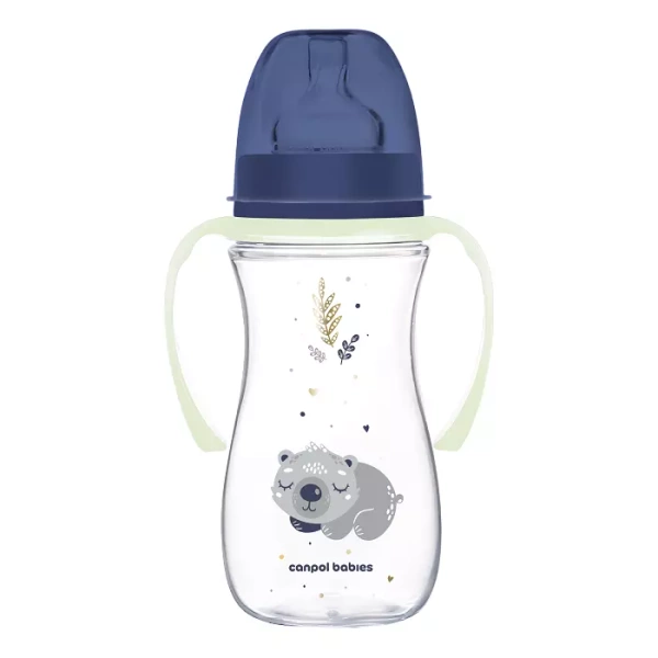 CANPOL BABIES - butelka szeroka antykolkowa ze świecącymi uchwytami PP EasyStart 300ml | Sleepy Koala niebieska