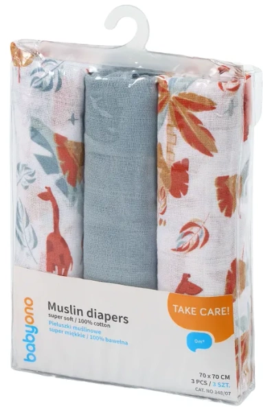 BABYONO - bawełniane pieluszki muślinowe 70x70 cm, zestaw 3 szt. | Szare