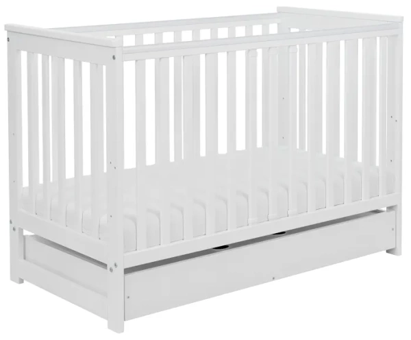 YOONCO - łóżeczko drewniane Iwi z szufladą i barierką + materac Air | Białe