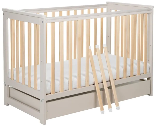 YOONCO - łóżeczko drewniane Iwi z szufladą i barierką | Beż-Buk