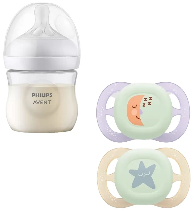 PHILIPS AVENT - antykolkowa butelka Natural Response 125 ml + smoczek ortodontyczny Ultra Start Nighttime 2 szt. | 0 m+