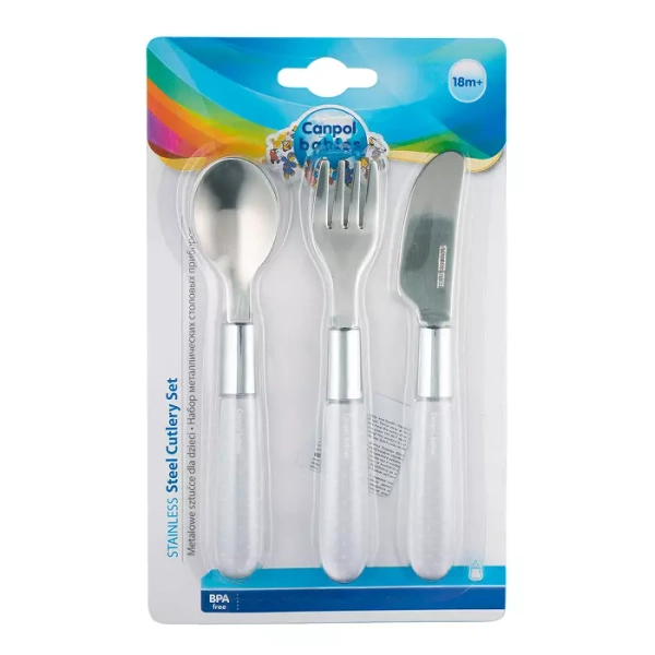 CANPOL BABIES - metalowy zestaw sztućców dla dzieci 18m+ | biały