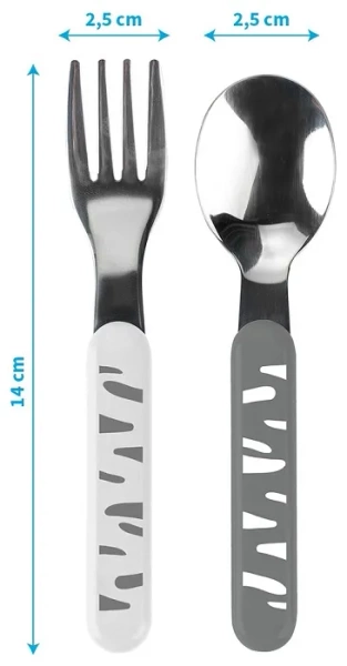BABYONO - łyżeczka i widelec ze stali szlachetnej | Szaro-białe
