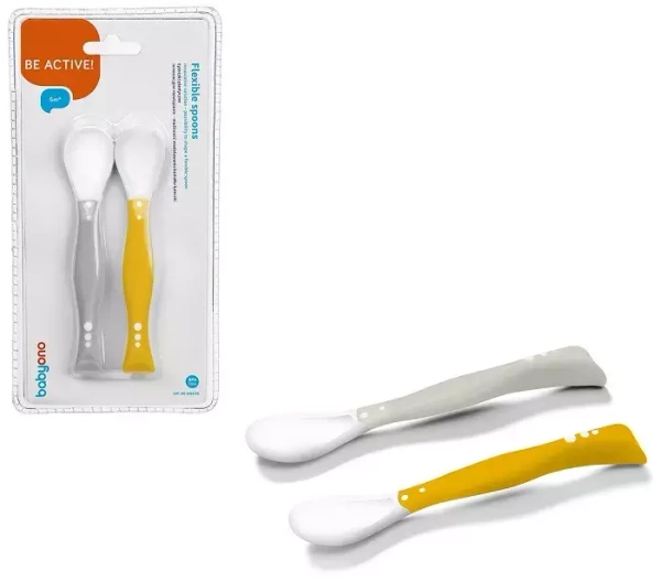 BABYONO - łyżeczki plastyczne dla niemowląt 6 m+ 2 szt. | żółta i szara