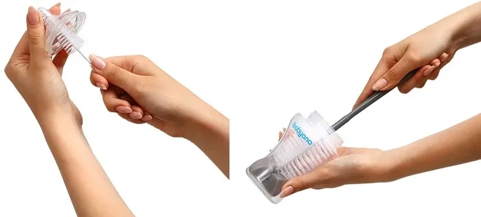 BABYONO - szczotka do butelek i smoczków z gąbką + mini szczoteczka | Szara