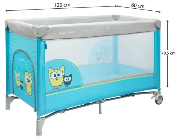 BABY MIX - łóżeczko turystyczne 1-poziomowe | Niebieskie sowy