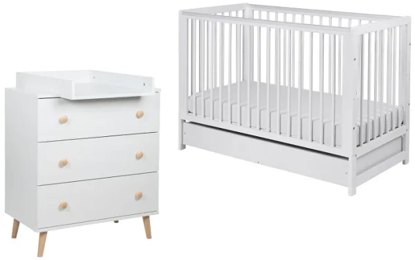 YOONCO - łóżeczko drewniane Timio z szufladą + komoda z przewijakiem | Białe