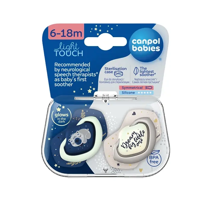 CANPOL BABIES - smoczek silikonowy 6-18m symetryczny świecący w ciemności | SLEEPY KOALA Boy 2szt.