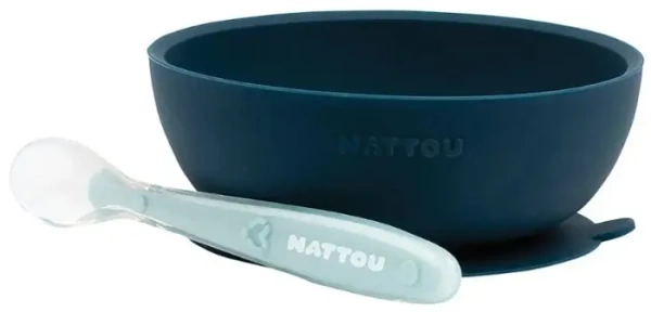 NATTOU - zestaw 2 naczyń silikonowych: miseczka + łyżeczka | Granatowy