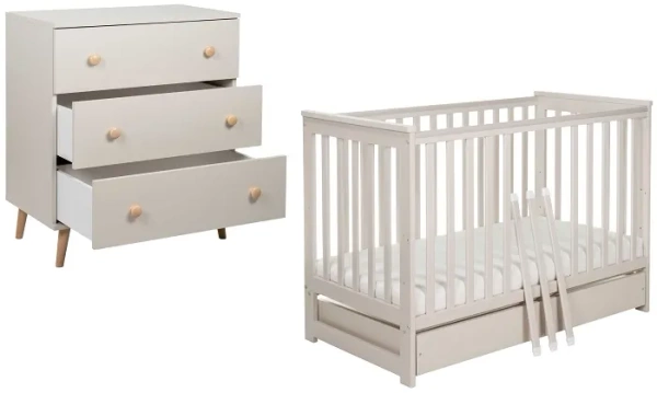 YOONCO - łóżeczko drewniane Iwi z szufladą + komoda z przewijakiem | Beżowe