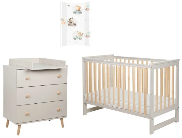 YOONCO - łóżeczko Iwi + komoda + przewijak miękki Kotek | Beż-Buk