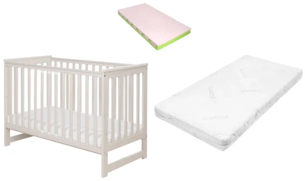 YOONCO - łóżeczko drewniane Iwi z barierką + materac Wave | Beż