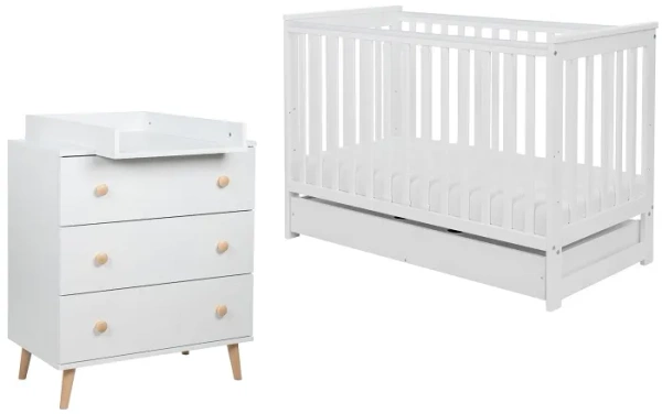YOONCO - łóżeczko drewniane Iwi z szufladą + komoda z przewijakiem | Białe