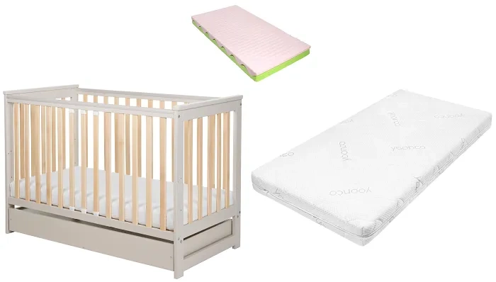 YOONCO - łóżeczko drewniane Iwi z szufladą i barierką + materac Wave | Beż-Buk