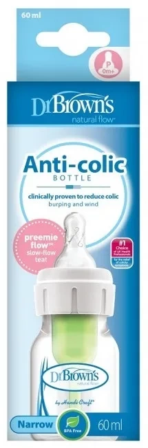 DR BROWN'S Options+ - antykolkowa, wąska butelka standard 60 ml, poziom P | 0 m+ (wcześniak)