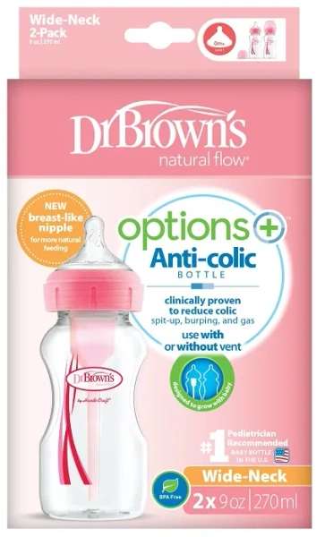 DR BROWN'S Options+ - 2 x antykolkowa, szeroka butelka 270 ml (0 m+) | Różowa