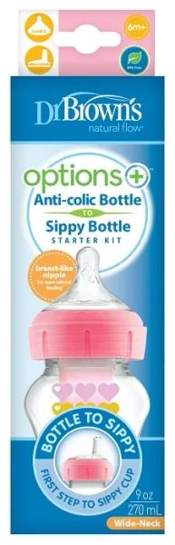 DR BROWN'S Options+ - antykolkowa, szeroka butelka 270 ml ze smoczkiem i ustnikiem 6 m+ | Różowa