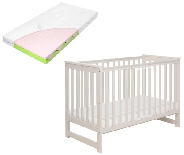 YOONCO - łóżeczko drewniane Iwi z barierką + materac Wave | Beż