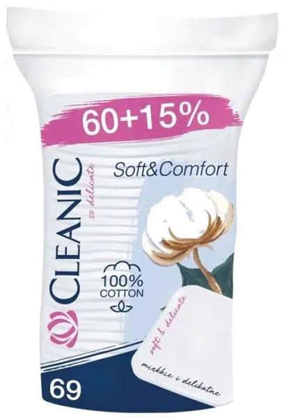CLEANIC Soft & Comfort - kwadratowe płatki kosmetyczne | 60 + 9 szt.