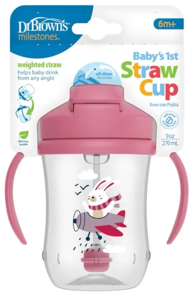 DR BROWN'S - kubek niekapek ze słomką 270 ml, 6 m+ | Różowy Królik