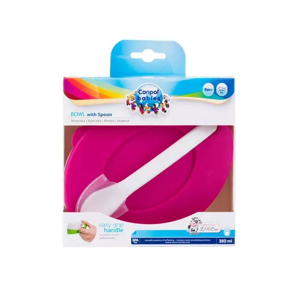 CANPOL BABIES -  miska z łyżeczką i pokrywką 350ml | KRÓWKA różowa