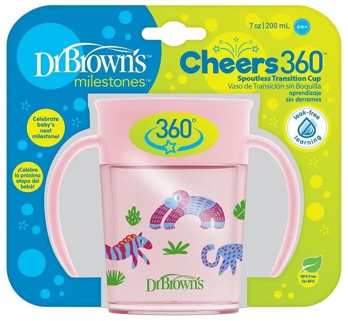 DR BROWN'S Cheers 360° - kubek "picie jak ze szklanki" 200 ml, 6 m+ | Różowy