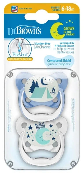 DR BROWN'S Prevent - 2 x smoczek ortodontyczny świecący w ciemności, niebieski | 6-18 m