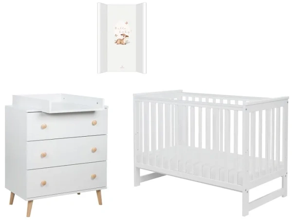 YOONCO - łóżeczko Iwi + komoda + przewijak miękki Sarenka | Białe