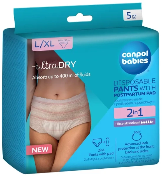 CANPOL BABIES - ultrachłonne jednorazowe majtki poporodowe 2w1 z podkładem 5 szt. | L/XL
