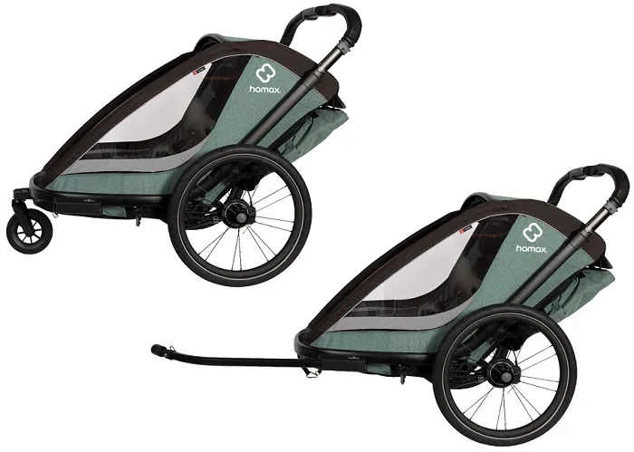 HAMAX Cocoon One - jednoosobowa przyczepka rowerowa z zestawem do biegania | Green/Black