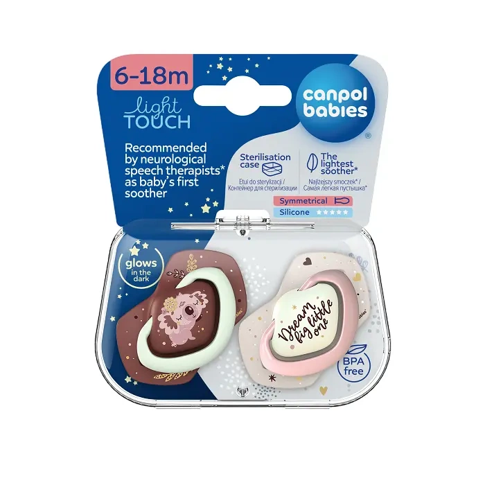 CANPOL BABIES - smoczek silikonowy 6-18m symetryczny świecący w ciemności | SLEEPY KOALA Girl 2szt.