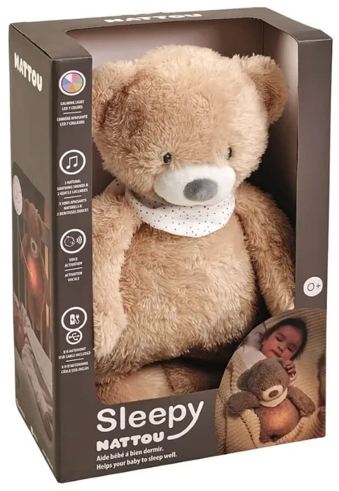 NATTOU Sleepy Bear - maskotka muzyczna ze światłem i czujnikiem płaczu 4w1 | Brązowa
