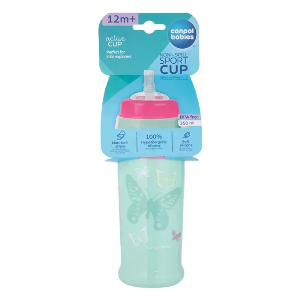 CANPOL BABIES - bidon niekapek z rurką silikonową 350ml BUTTERFLY | Turkusowy