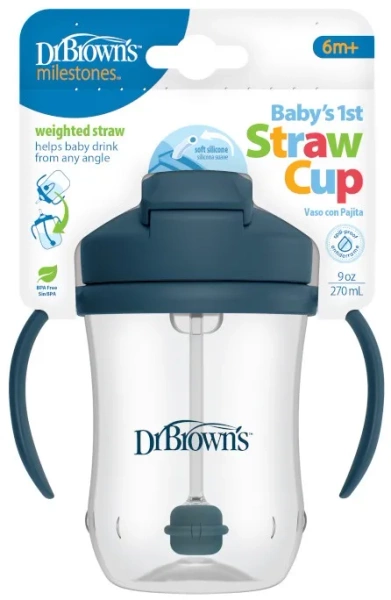 DR BROWN'S - kubek niekapek ze słomką 270 ml, 6 m+ | Granatowy