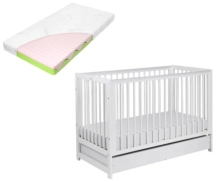 YOONCO - łóżeczko drewniane Timio z szufladą i barierką + materac Wave | Białe