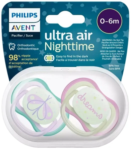 PHILIPS AVENT Ultra Air Nighttime - smoczek ortodontyczny 2 szt. | 0-6 m