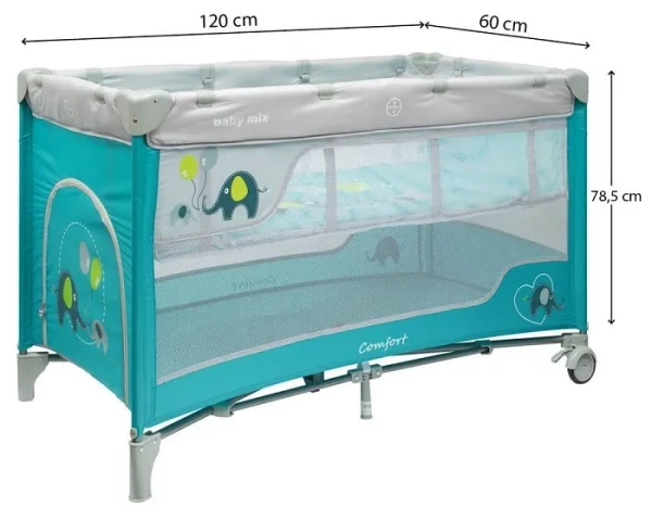 BABY MIX - łóżeczko turystyczne 2-poziomowe | Niebieskie słoniki