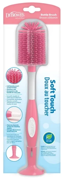 DR BROWN'S - silikonowa szczotka do butelek i smoczków z przyssawką | Różowa
