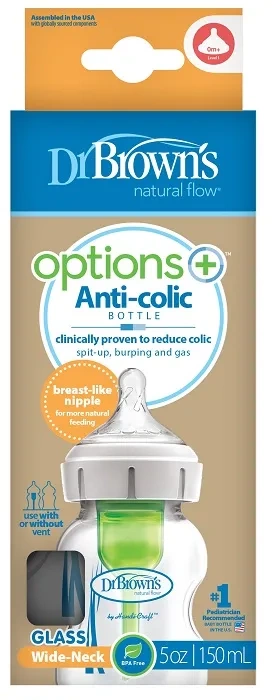 DR BROWN'S Options+ - antykolkowa, szeroka szklana butelka 150 ml, poziom 1 | 0 m+