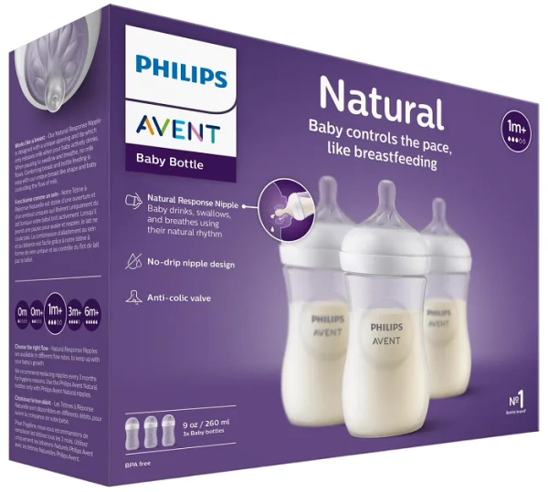PHILIPS AVENT Natural Response - 3 responsywne butelki antykolkowe 260 ml | 1 m+