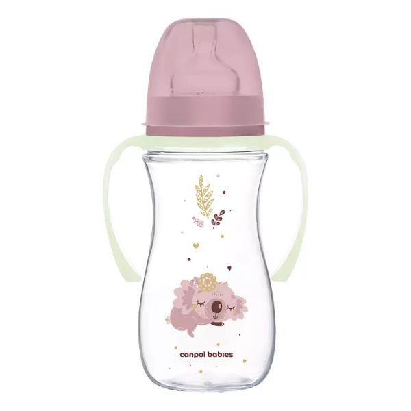 CANPOL BABIES - butelka szeroka antykolkowa ze świecącymi uchwytami PP EasyStart 300ml | Sleepy Koala różowa
