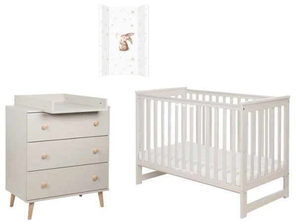 YOONCO - łóżeczko Iwi + komoda + przewijak miękki Króliczek | Beż