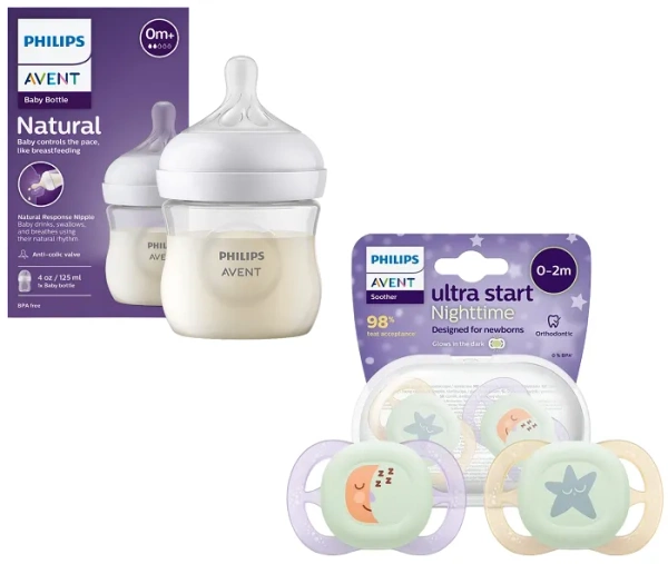 PHILIPS AVENT - antykolkowa butelka Natural Response 125 ml + smoczek ortodontyczny Ultra Start Nighttime 2 szt. | 0 m+